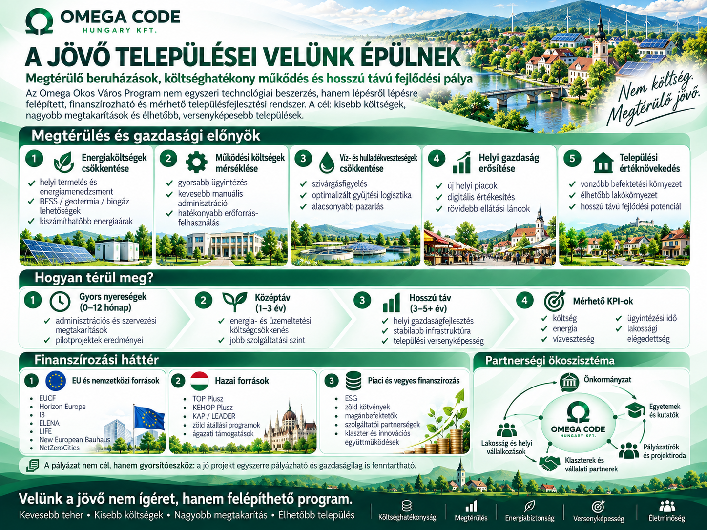 Omega Önkormányzati AI kétoldalas program-összefoglaló, zöld arculatban